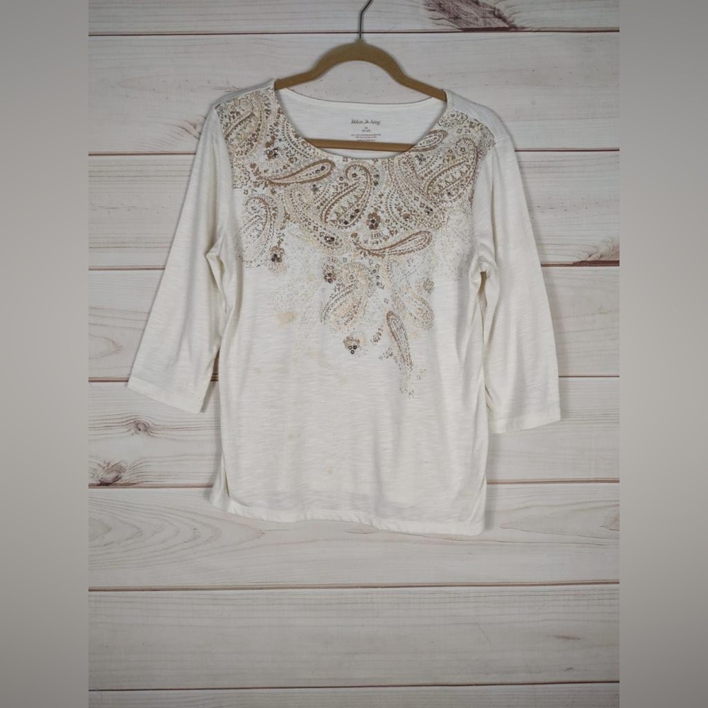 White Stag M Top Woman’s Cream Tan Paisley Pullover 3/4 Sleeve.